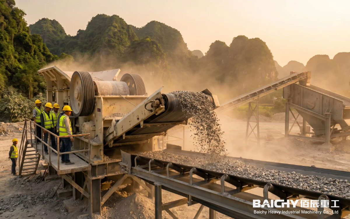 On-site view of a production line featuring a jaw crusher and a double-roll crusher.