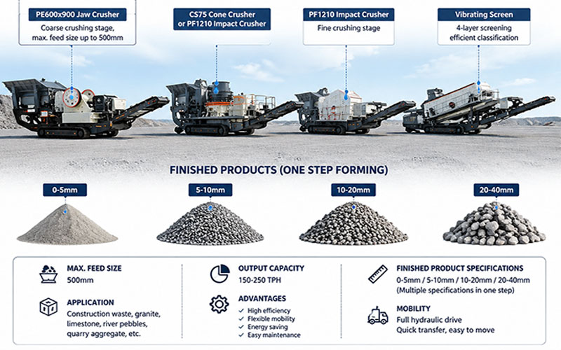 Wheel-Mounted Mobile Crushing Station Configuration Plan: Enabling One-Step Production of Multiple Finished Product Sizes (0–5/10/20/40 mm)