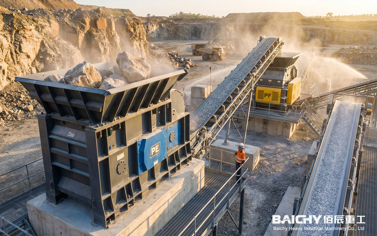 Raw material crushing section: On-site view of the two-stage crushing operation featuring a PE jaw crusher and a PF impact crusher.