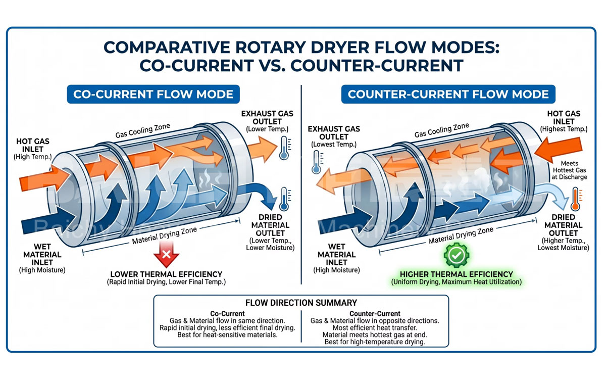 Schematic diagram comparing co-current and counter-current flow in a rotary dryer.