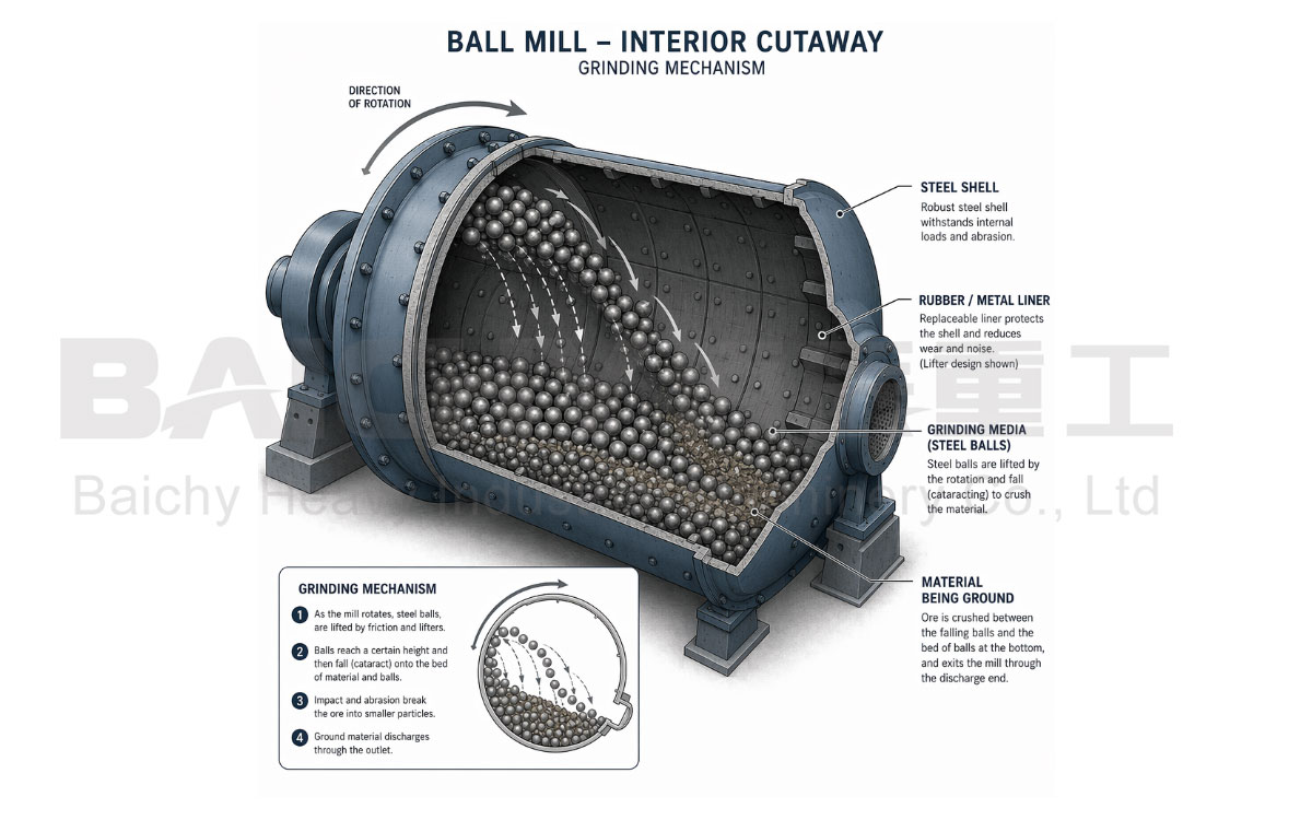 Cutaway view of the internal working principle of a ball mill