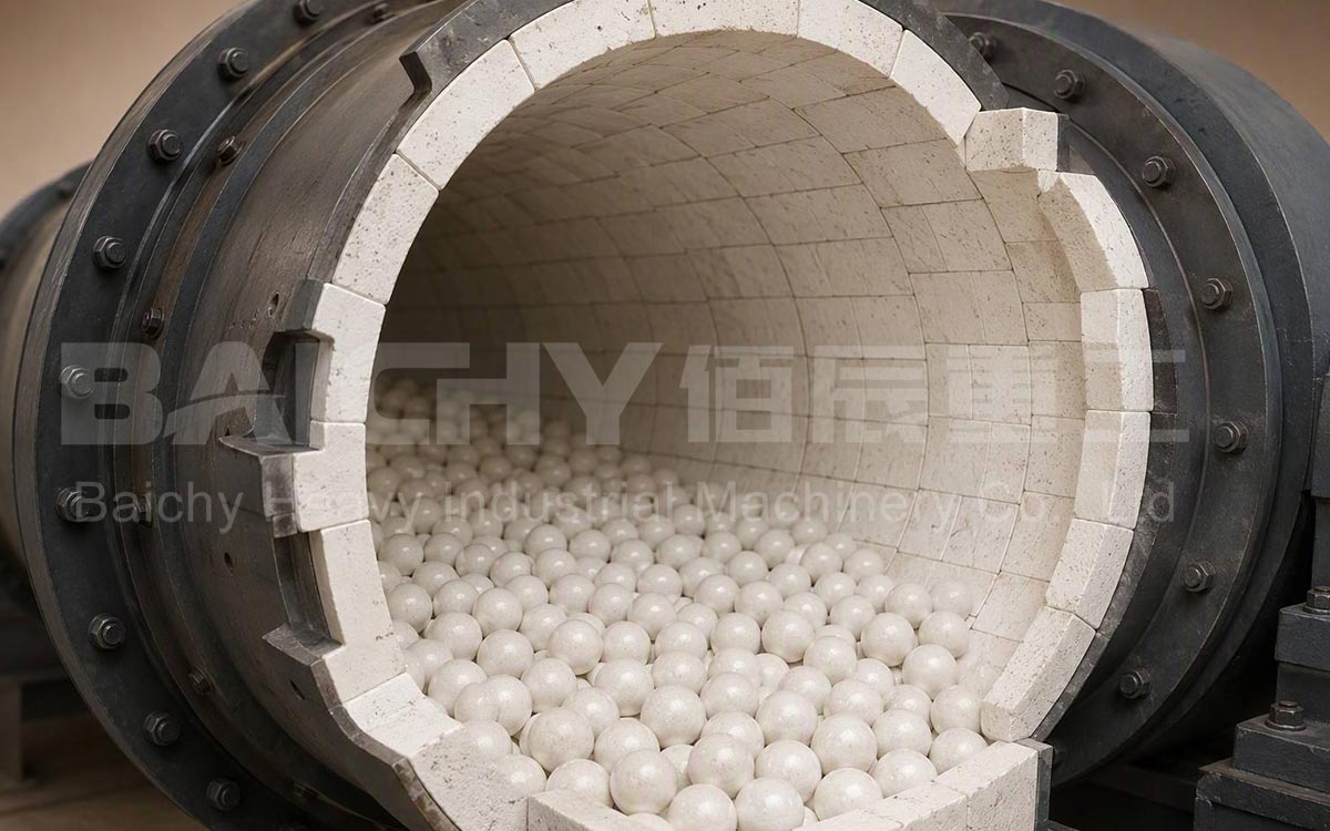 Interior of a ceramic-lined ball mill