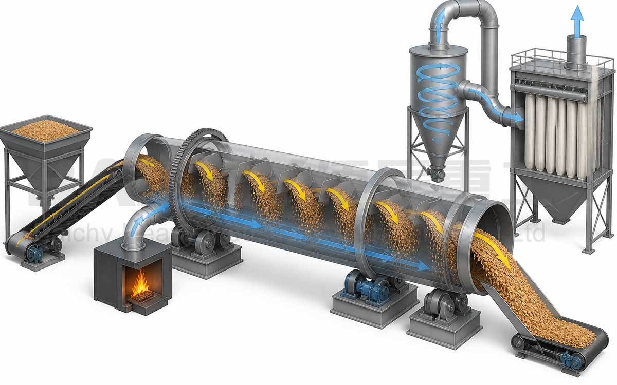 Sawdust Rotary Drying Process Flow: Feeding – Drying – Discharge – Dust Removal