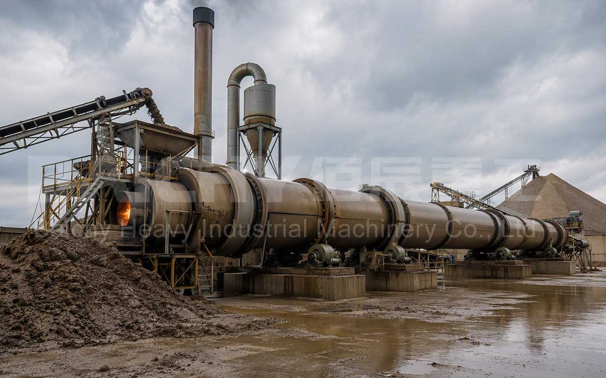 Baichy three-pass rotary sand dryer operating in an aggregate plant