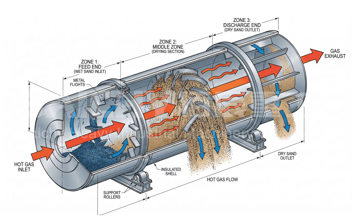 Structural and operational diagram of a three-cylinder dryer