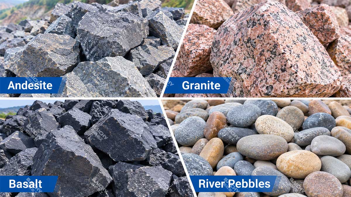 Andesite, granite, basalt, and raw river pebbles