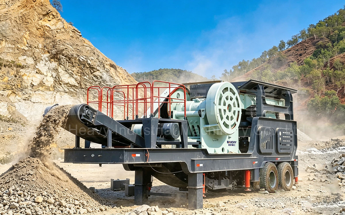 Tire-mounted mobile jaw crusher