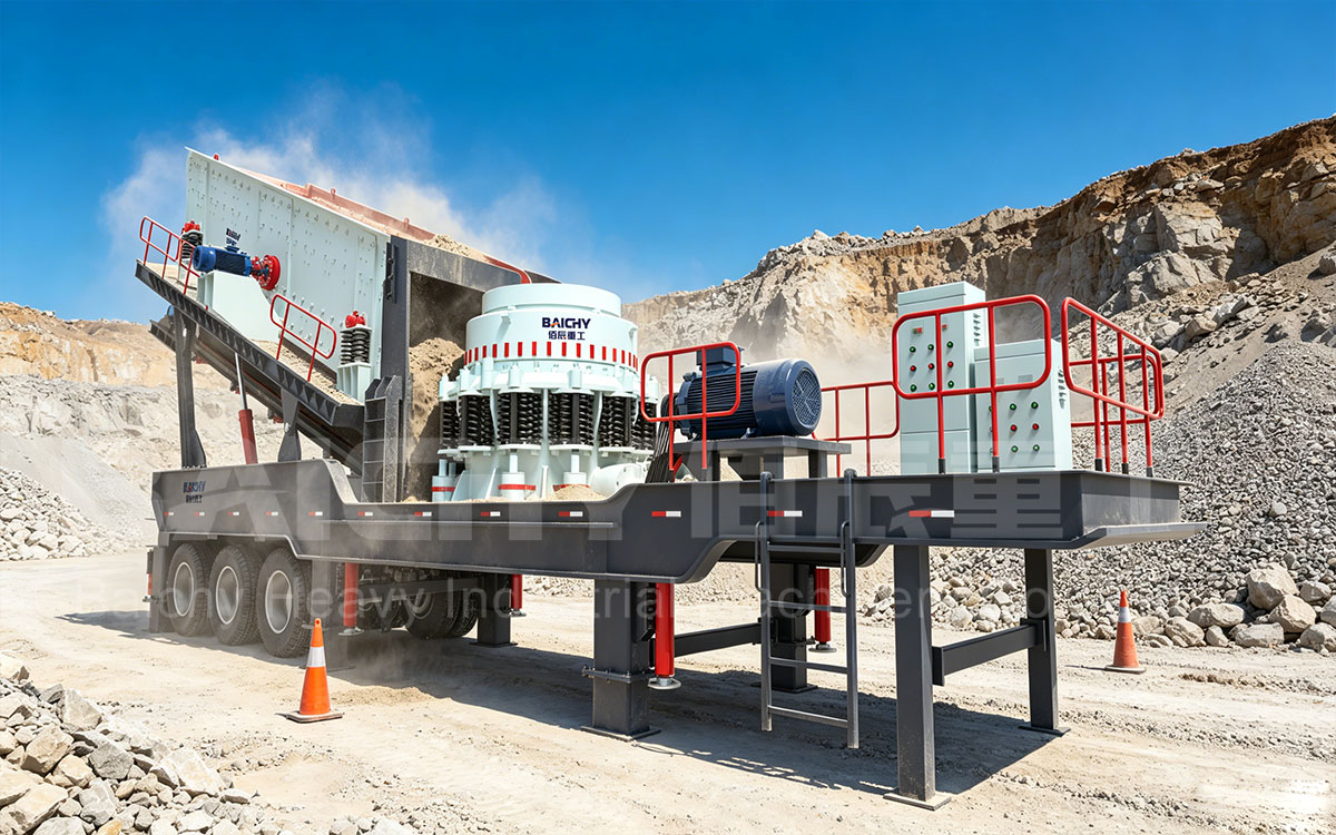 Tire-mounted mobile cone crusher