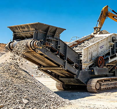 Track-mounted screening station in operation