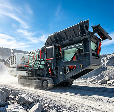 Track-mounted jaw crusher in on-site operation